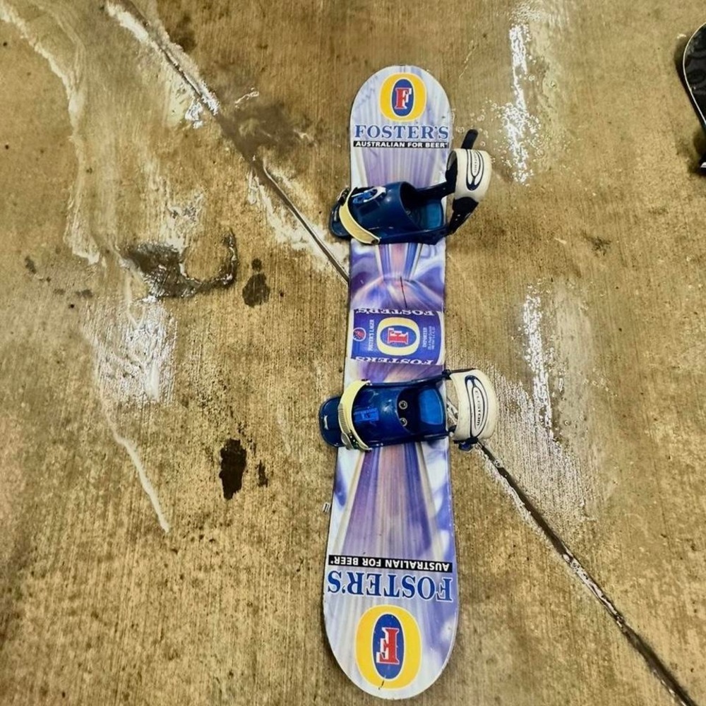 Fosters Beer Design Snowboard with Large Burton Bindings 158 CM in great shape